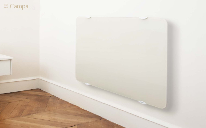 Modern white wall radiator in a bedroom