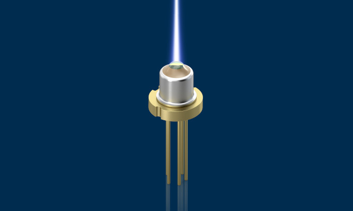 Illustration of an optical component emitting a clear blue laser beam from a glass lens