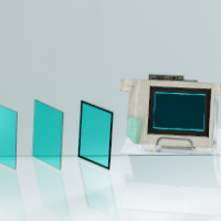 Low-defect optical coating for cover glasses in CCD and CMOS sensors Three squares of filter glass with low-defect coating