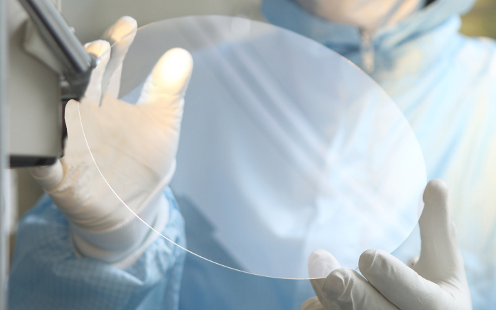 Scientist holding a glass wafer with gloved hands